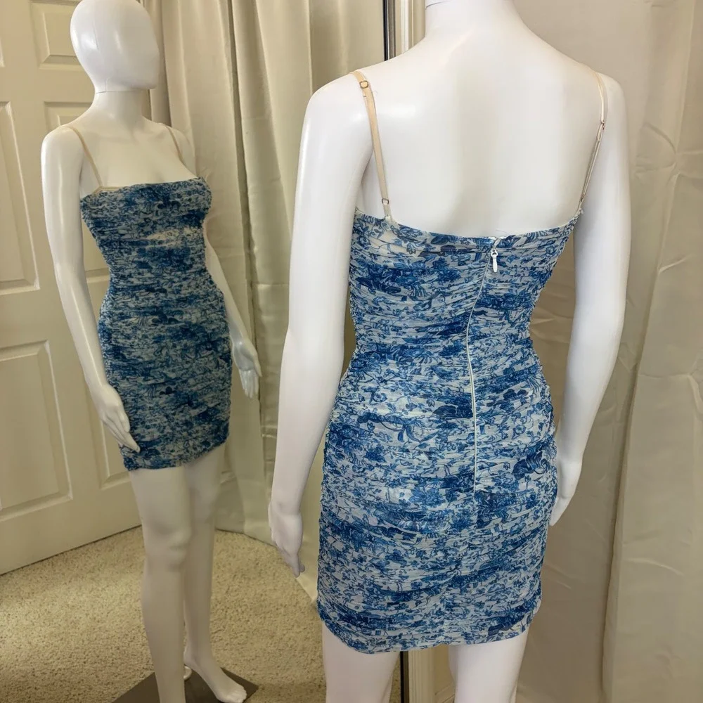 House of CB London Blue White Floral Ruched Mesh Mini Dress Toile De Jouy Small